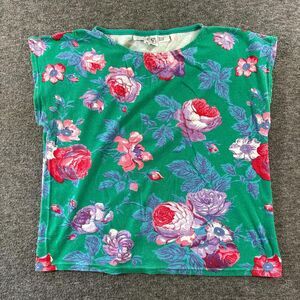 Vintage green floral cropped boxy tee Roses retro boho cottage tank Russ Petites